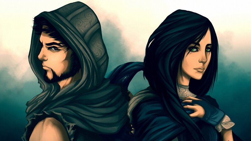 two hooded figures in a misty landscape