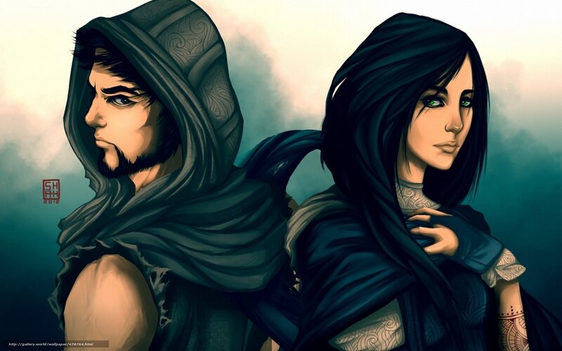 two hooded figures in a misty landscape
