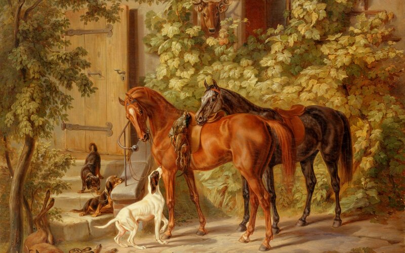 Two Horses and Dogs