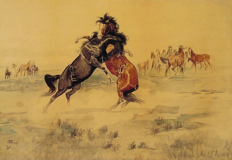 Two Horses Fighting — Brown, Dramatic, Painting
