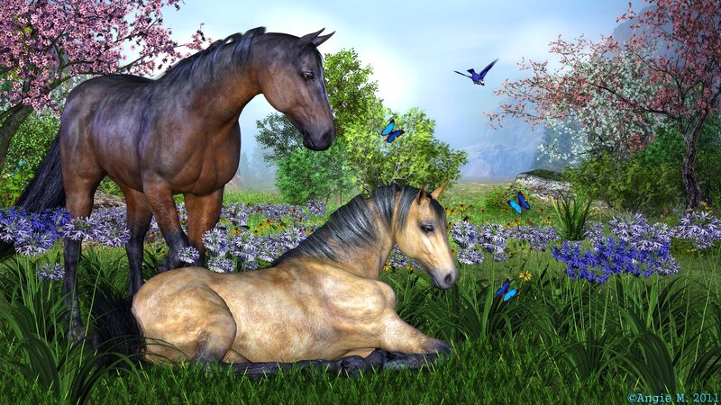 Two Horses in a Field — Green, Serene, Spring