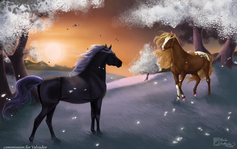 Two Horses in a Field — Purple