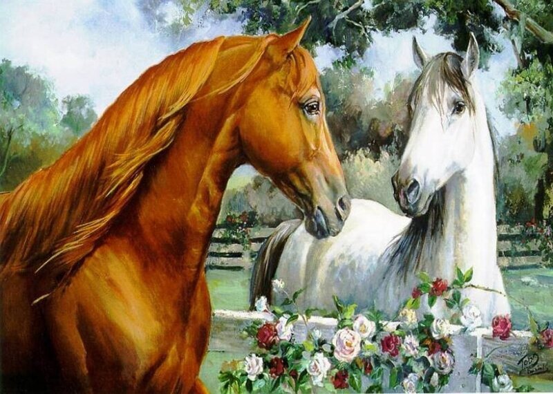 Two Horses in a Garden — Brown