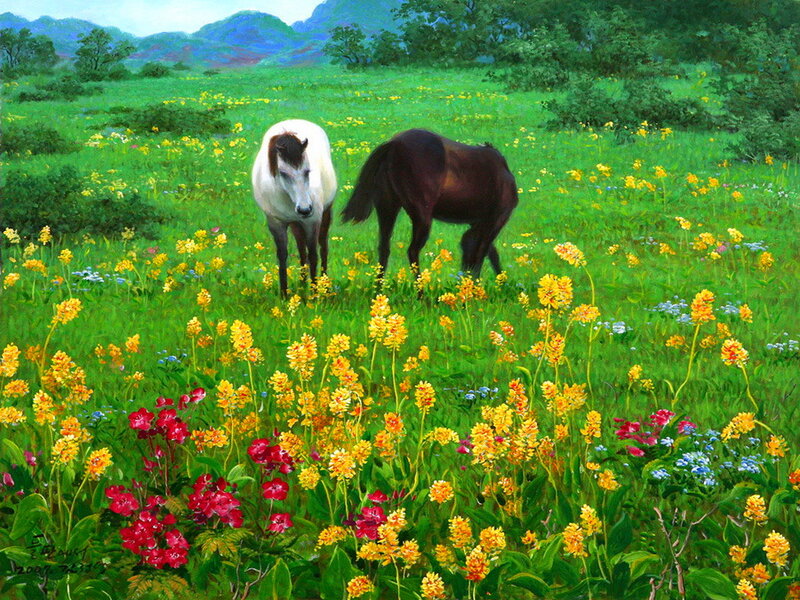 Two Horses in Field — Green, Serene, Spring, Painting