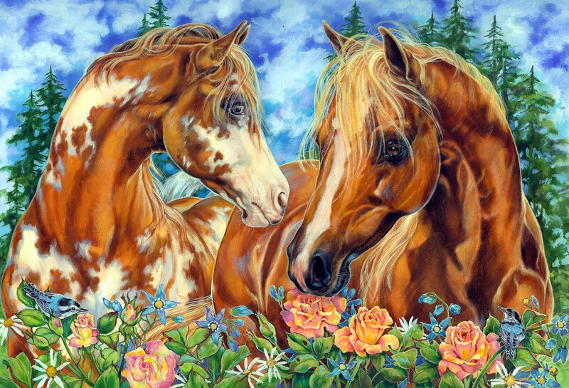 Two Horses in Flowers — Brown