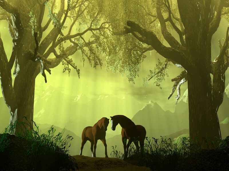 Two Horses in Forest — Green, Serene, Morning