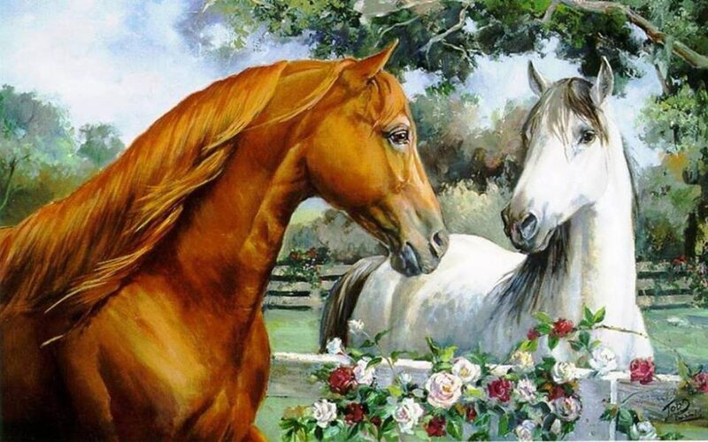 Two Horses in Garden — Brown, Serene