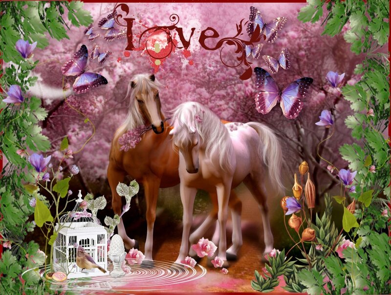 Two Horses in Garden — Pink