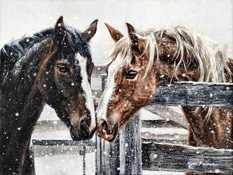 Two Horses in Snow — Brown, Calm, Winter, Painting