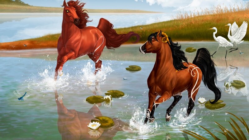 Two Horses in Water — Brown