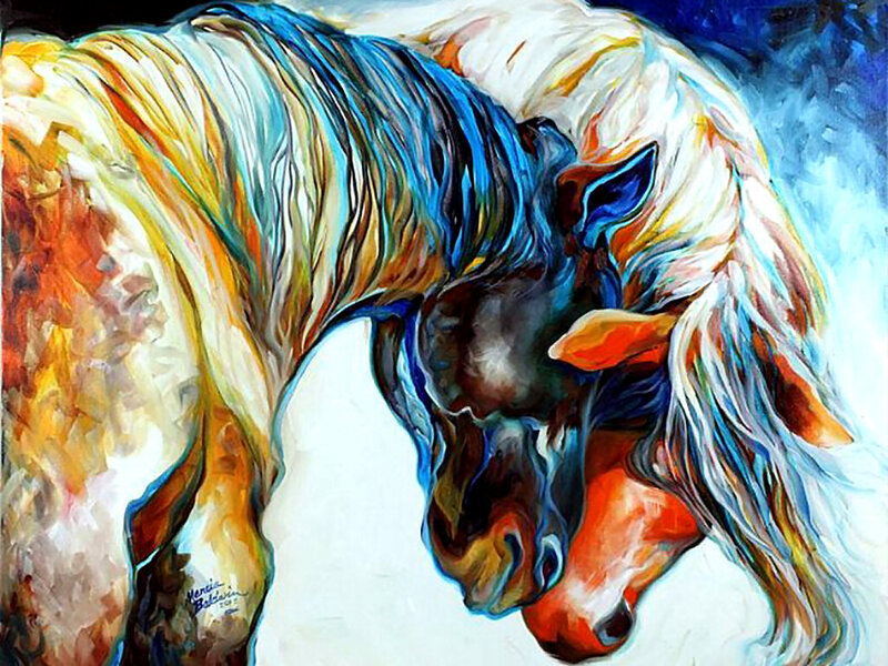 Two Horses Nuzzling — Blue