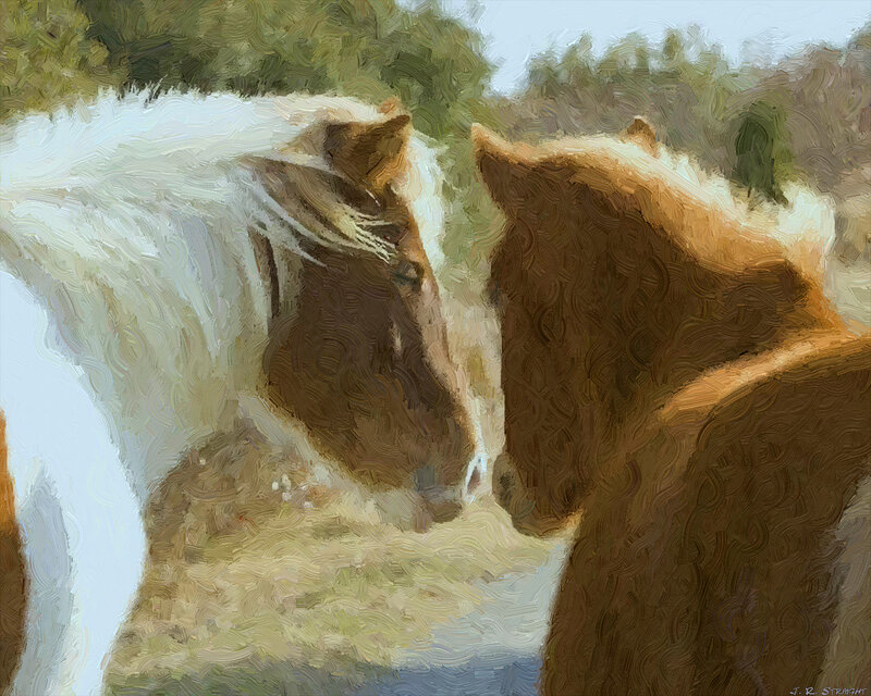 Two Horses Nuzzling — Brown, Calm, Afternoon, Painting