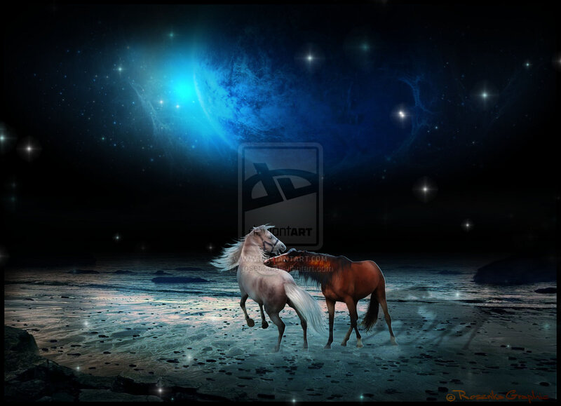 Two Horses on Beach — Blue, Dramatic