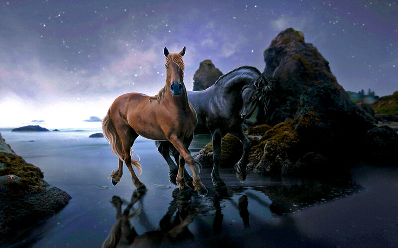 Two Horses on Beach — Purple
