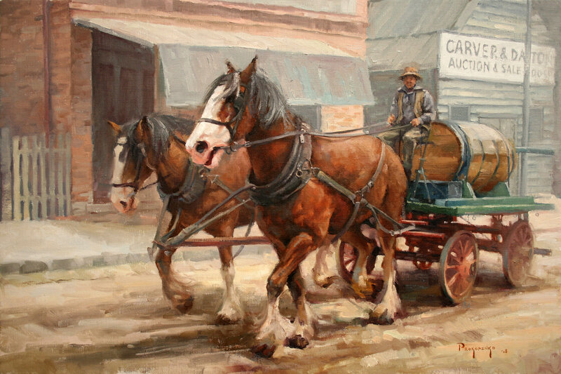 Two Horses Pulling Cart — Brown