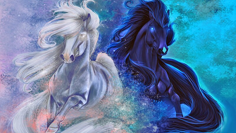Two Horses Running — Blue, Dramatic, Digital Art