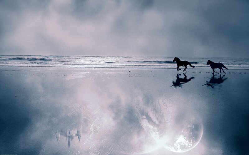 Two Horses Running — Blue, Dramatic, Night, Digital Art