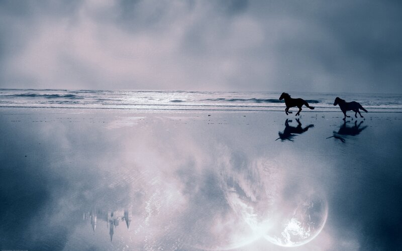 Two Horses Running — Blue, Dramatic, Night