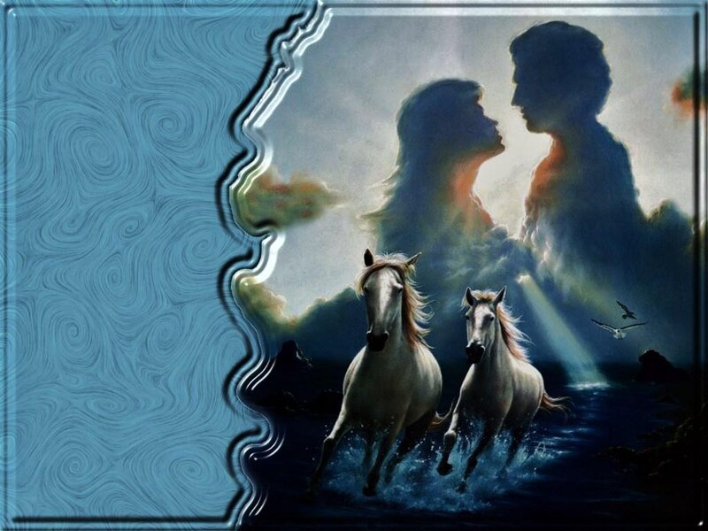 Two Horses Running — Blue, Dramatic, Sunset