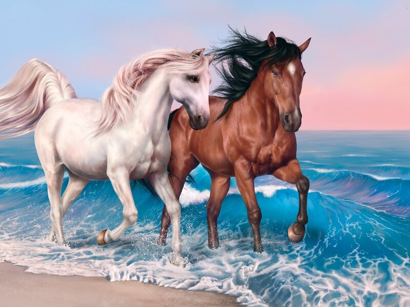 Two Horses Running — Blue, Dynamic, Sunset, Digital Art