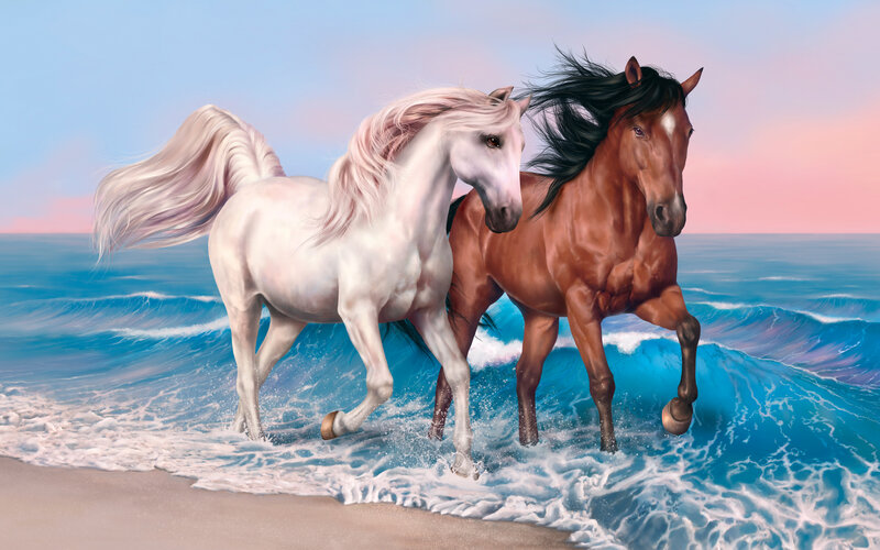 Two Horses Running — Blue, Dynamic, Sunset