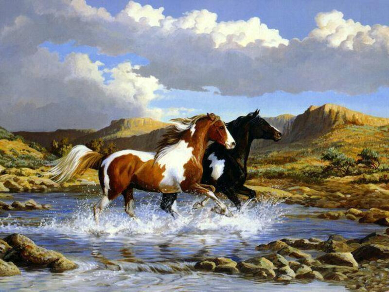 Two Horses Running — Brown, Dynamic, Afternoon, Painting