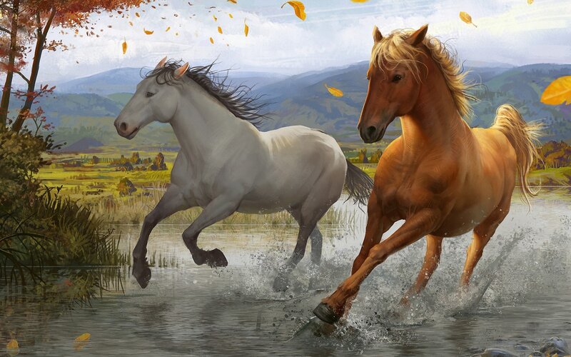Two Horses Running — Brown, Dynamic, Autumn, Digital Art