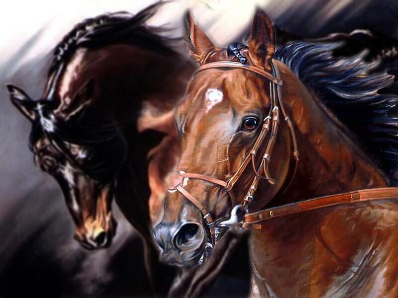Two Horses Running — Brown, Dynamic, Painting
