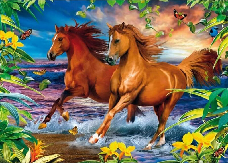 Two Horses Running — Brown, Dynamic, Sunset, Digital Art