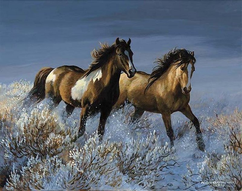 Two Horses Running — Brown, Dynamic, Winter