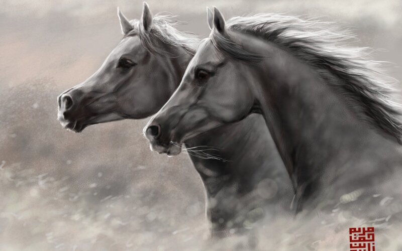 Two Horses Running — Gray, Dynamic, Digital Art
