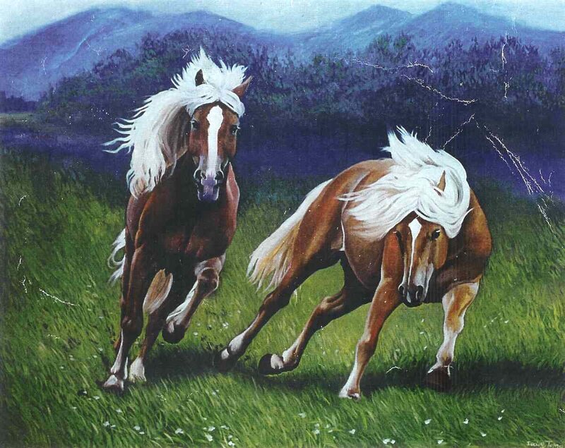 Two Horses Running — Green, Dynamic, Painting