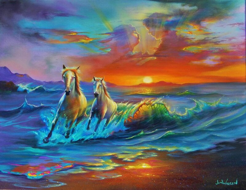 Two Horses Running in Ocean