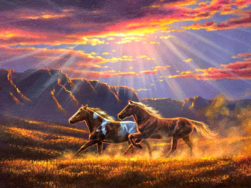 Two Horses Running — Orange, Dramatic, Sunset, Painting