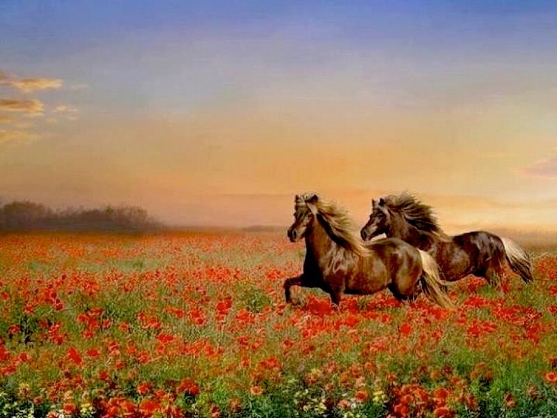 Two Horses Running — Red, Serene