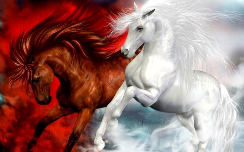 Two Horses Running — White, Dramatic, Digital Art, Red Background