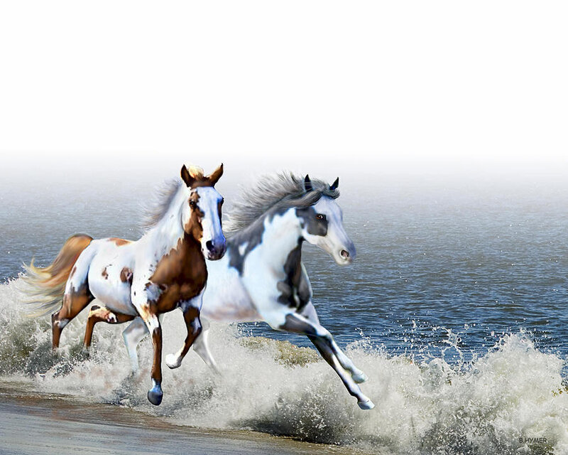Two Horses Running — White, Dynamic, Digital Art