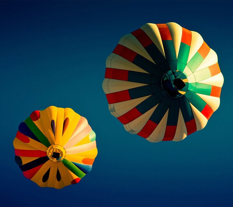 Two Hot Air Balloons — Blue, Serene, Morning