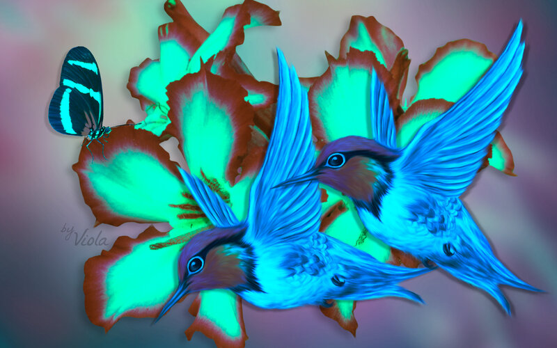 Two Hummingbirds and a Butterfly