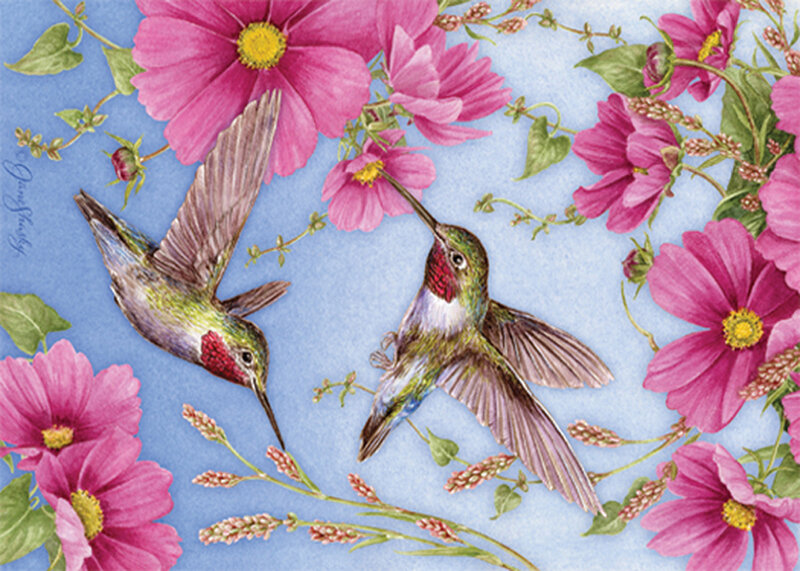 Two Hummingbirds and Flowers