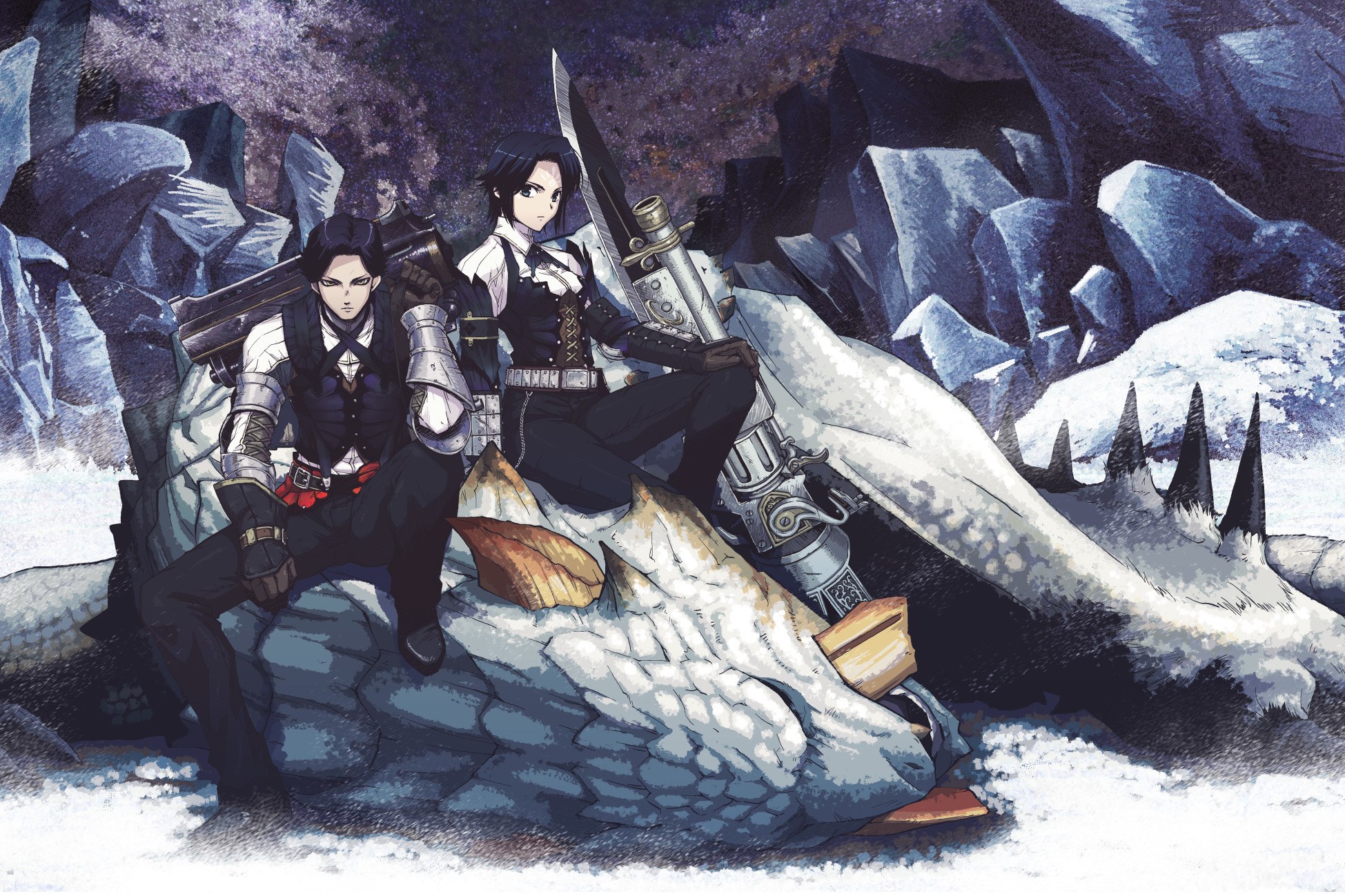 Two hunters on a dragon's skull