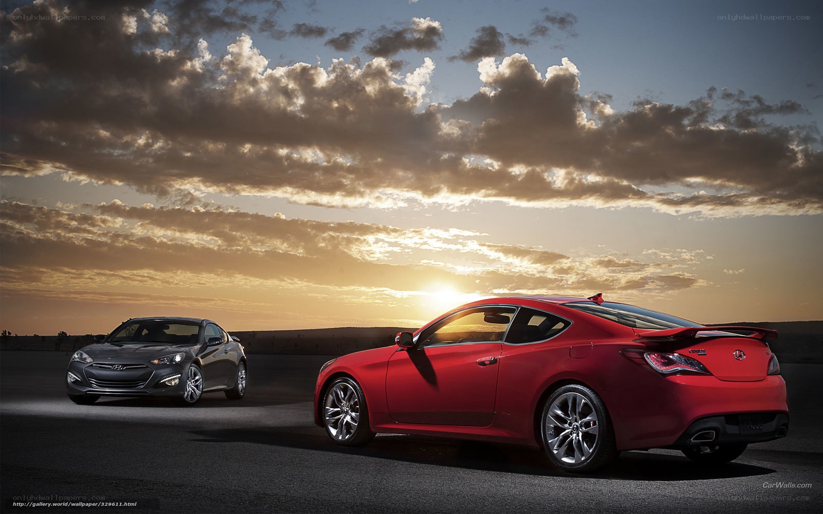 Two Hyundai coupes at sunset