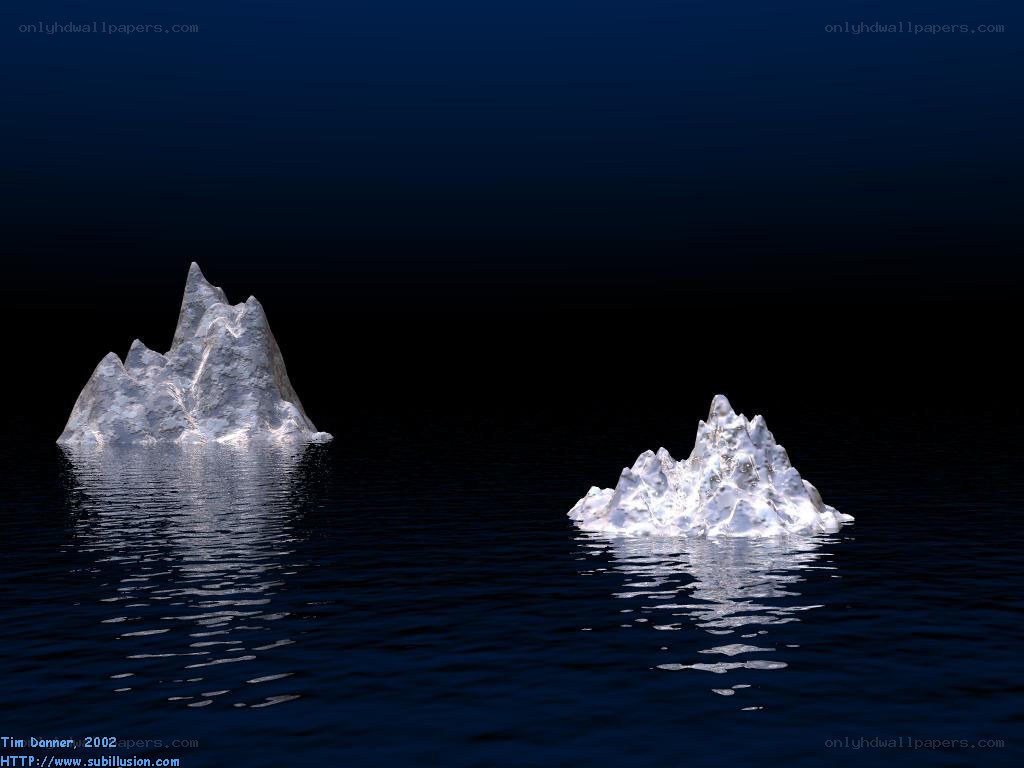 Two icebergs in dark water