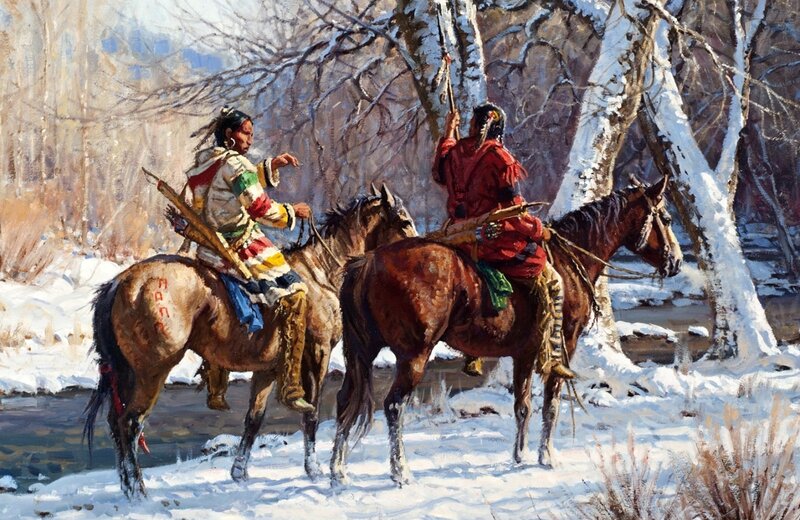 Two Indigenous Riders on Horses — Brown