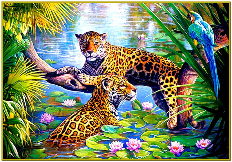 Two Jaguars in Pond — Green