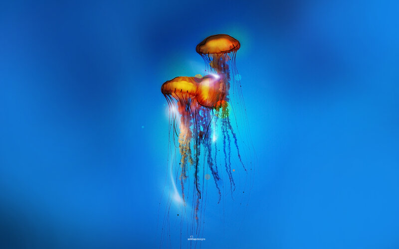 Two Jellyfish in Water — Blue, Serene, Digital Art