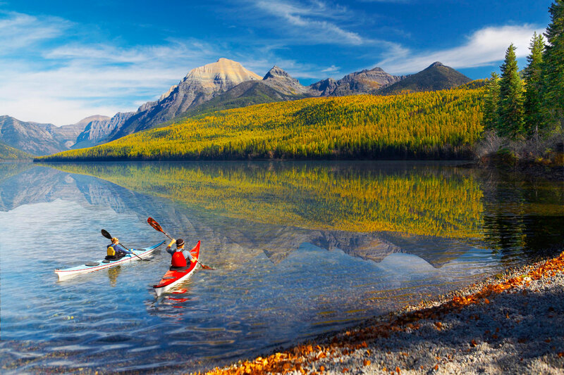 Two Kayakers on a Lake — Blue, Serene