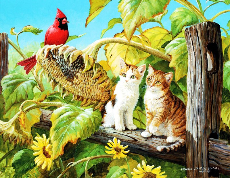 Two Kittens and a Cardinal — Green, Serene
