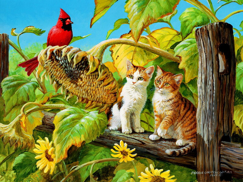 Two Kittens and a Cardinal — Green