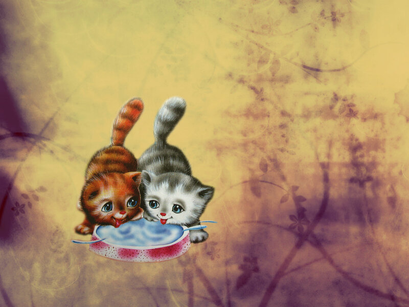 Two Kittens Drinking — Yellow